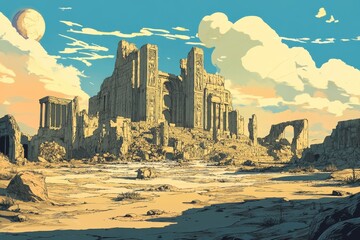 Ruined Temple in a Desert Landscape with a Unique Moon