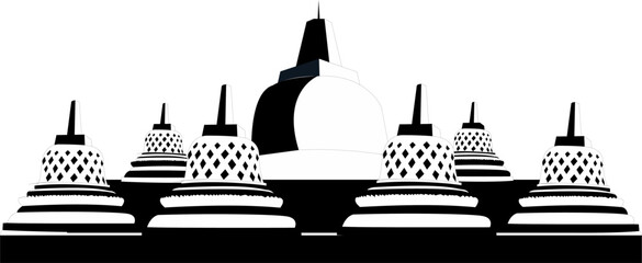 Black and white illustration of Borobudur temple
