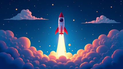 A red rocket is flying through the sky, leaving a trail of smoke behind it