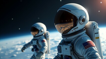 Two astronauts are standing on the surface of the moon