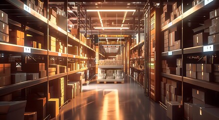 Fototapeta premium Futuristic 3D Ecommerce Retail Warehouse with Advanced Logistics Technology. Digitalization and Visualization of Industry 4.0