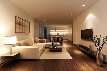 Modern living room with kitchen on a luxury home