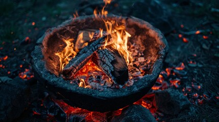A campfire pit with glowing embers and burnt logs after a night of camping.