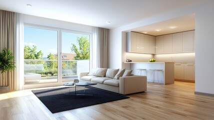 Obraz premium A large open living room with a white kitchen and a balcony