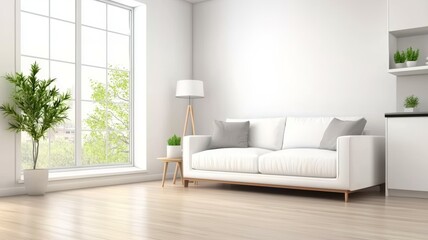 Fototapeta premium A white couch sits in a living room with a window in the background