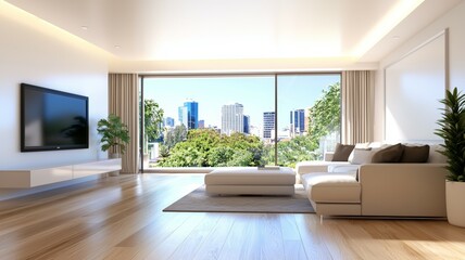 Fototapeta premium A large living room with a white couch and a television