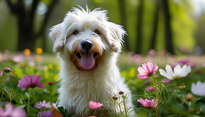 Joyful fluffy white dog basking in the sun at a vibrant park, surrounded by blooming flowers, radiating happiness and contentment