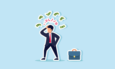 A businessman confused by the abundance of money flying around, illustration of Doubt in setting business policies due to numerous bribes from various parties