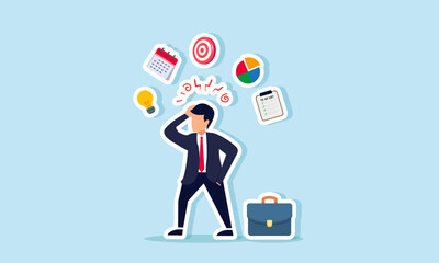 A businessman confused by a lamp, calendar, target board, percentage, and task list, illustration of A businessman  confusion in synchronizing innovation, agenda, targets, market, and progress