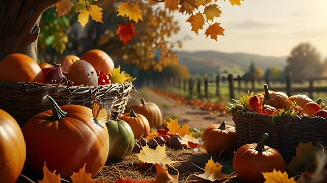 Autumn background with pumpkin and grape harvest decoration. Seamless 4K looping timelapse video animation background