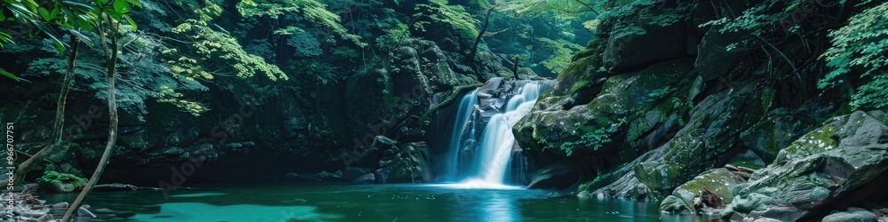 Sticker Tranquil waterfall cascading into a clear forest pool surrounded by lush greenery and rugged stones.