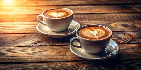 Obraz premium Two cups of coffee with heart designs on a wooden table, perfect for Valentine's Day or romantic themes