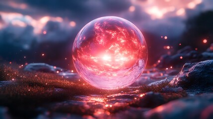 A glowing orb sits on a bed of moss and rocks, radiating light and surrounded by a cloudy sky.