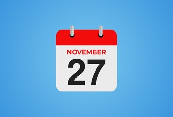 Icon calendar day. 27 November. 27th days of the month, illustration style. Date day of week Sunday, Monday, Tuesday, Wednesday, Thursday, Friday, Saturday.