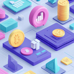 A modern, colorful design illustrating a decentralized finance (DeFi) platform with Bitcoin coins, graphs, and digital wallets. The layout highlights financial growth and crypto management.