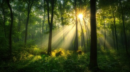 Bright rays illuminating a forest