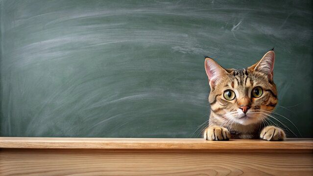 A playful cat peeking over a desk in front of a chalkboard, creating a lighthearted classroom atmosphere