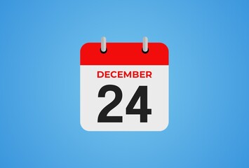 Icon calendar day. 24 December. 24th days of the month, illustration style. Date day of week Sunday, Monday, Tuesday, Wednesday, Thursday, Friday, Saturday.