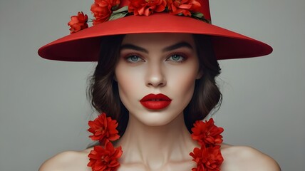 Portrait of beautiful woman in vivid red hat adorned with floral details, with red lips. Elegant sport fan