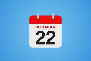 Icon calendar day. 22 December. 22th days of the month, illustration style. Date day of week Sunday, Monday, Tuesday, Wednesday, Thursday, Friday, Saturday.