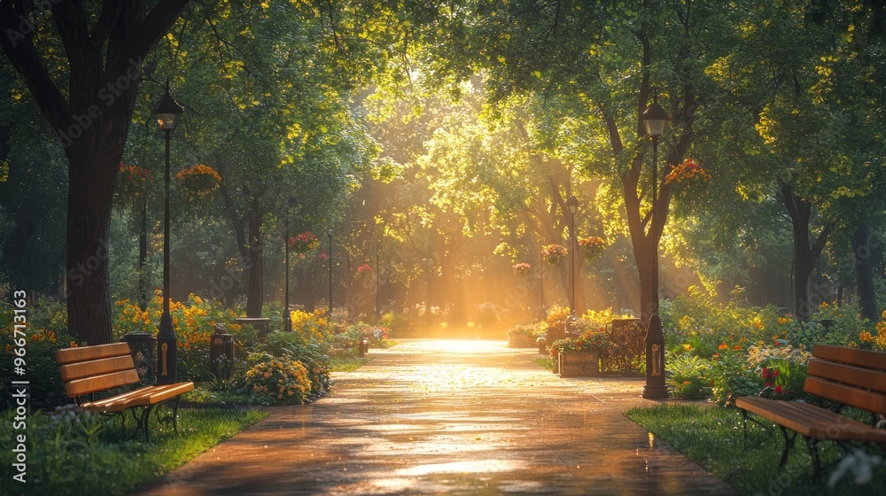 Wall mural Sunlight Shining Through Trees in a Park