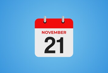 Icon calendar day. 21 November. 21th days of the month, illustration style. Date day of week Sunday, Monday, Tuesday, Wednesday, Thursday, Friday, Saturday.