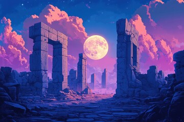 Ruins of an Ancient Civilization Under a Full Moon