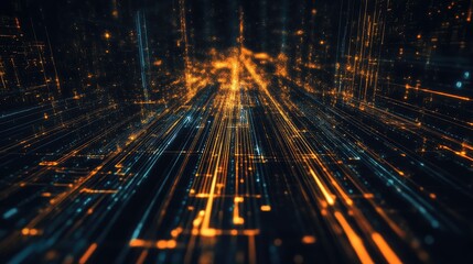 Glowing data streams in darkness