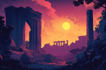 Fototapeta premium Ancient Ruins at Sunset with a Large Sun and Silhouettes of Birds in the Sky