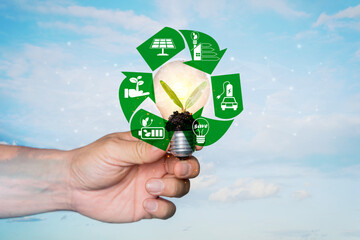 Green energy sustainable development goal, SDG concept. Hand hold light bulb, global