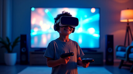 Virtual reality gaming adventure: child plays enthusiastically with VR glasses and controllers