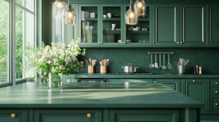 Green Kitchen Interior with Sunlight