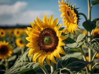 Obraz premium beautiful sunflowers in close up shot during a clear day 