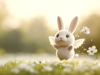 A whimsical scene featuring a cute, fluffy bunny with angelic wings amidst blooming flowers in a sunlit meadow.