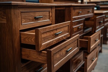 Wooden dresser with open drawers showcasing interior details.