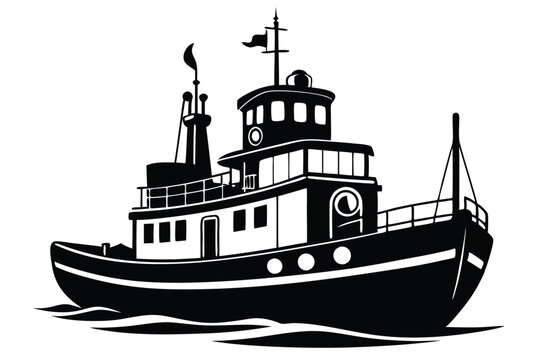 black and white tugboat on water clip art preview