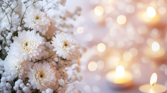 White flowers and soft candlelight create a peaceful and romantic ambiance. perfect for wedding, anniversary, or special occasions.