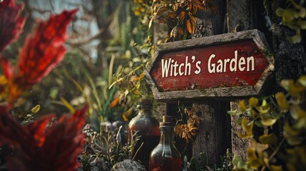 Witch s Garden Sign with Potion Bottles