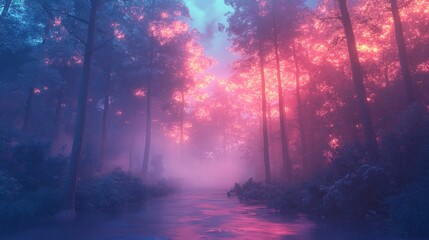 Obraz premium A Mystical Forest Path Illuminated by a Pink Glow