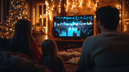 A family is watching a Christmas movie on a television