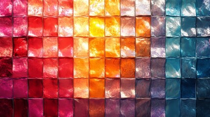 A colorful glass block wall with a gradient of red, orange, and blue hues