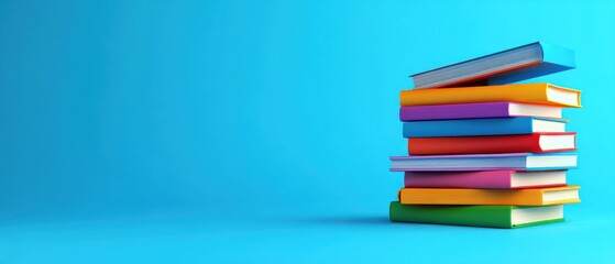 Fototapeta premium Stack of Colorful Hardback Books on Blue Background