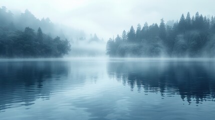 A misty morning over a calm lake with a forest in the background. The water reflects the sky and the trees.