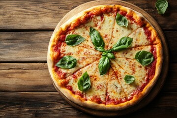 Delicious Margherita pizza on wooden table, top view , ai