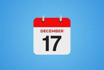 Icon calendar day. 17 December. 17th days of the month, illustration style. Date day of week Sunday, Monday, Tuesday, Wednesday, Thursday, Friday, Saturday.
