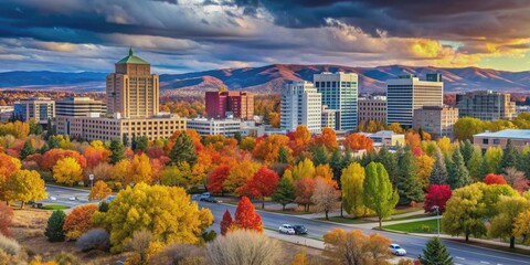 Vibrant fall colors fill the streets of downtown Boise, Idaho in autumn , Autumn, Boise, Idaho, USA, downtown, city, fall