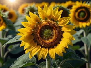Naklejka premium beautiful sunflowers in close up shot during a clear day 