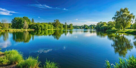 Obraz premium Serene lake in summer with lush green surroundings and clear blue skies, lake, summer, landscape, beautiful, serene, relaxing