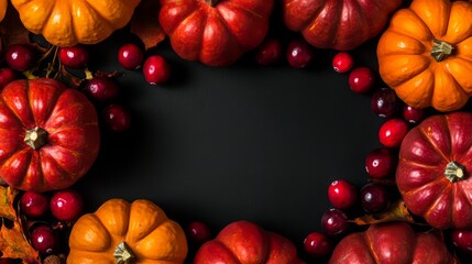 Autumn Harvest Still Life With Pumpkins And Cranberries On Black Background. Thanksgiving, Fall, Food.