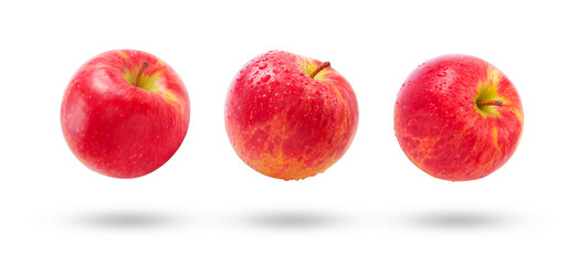 Flying red apple(Envy apple) has water drop collection and shadow isolated on white background , clipping path.